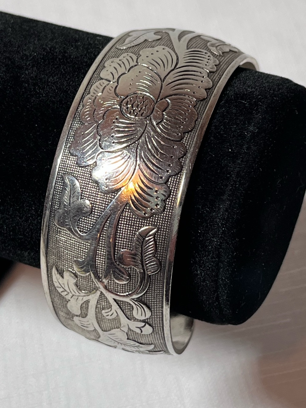 Vintage Silver Floral Engraved Cuff Bracelet